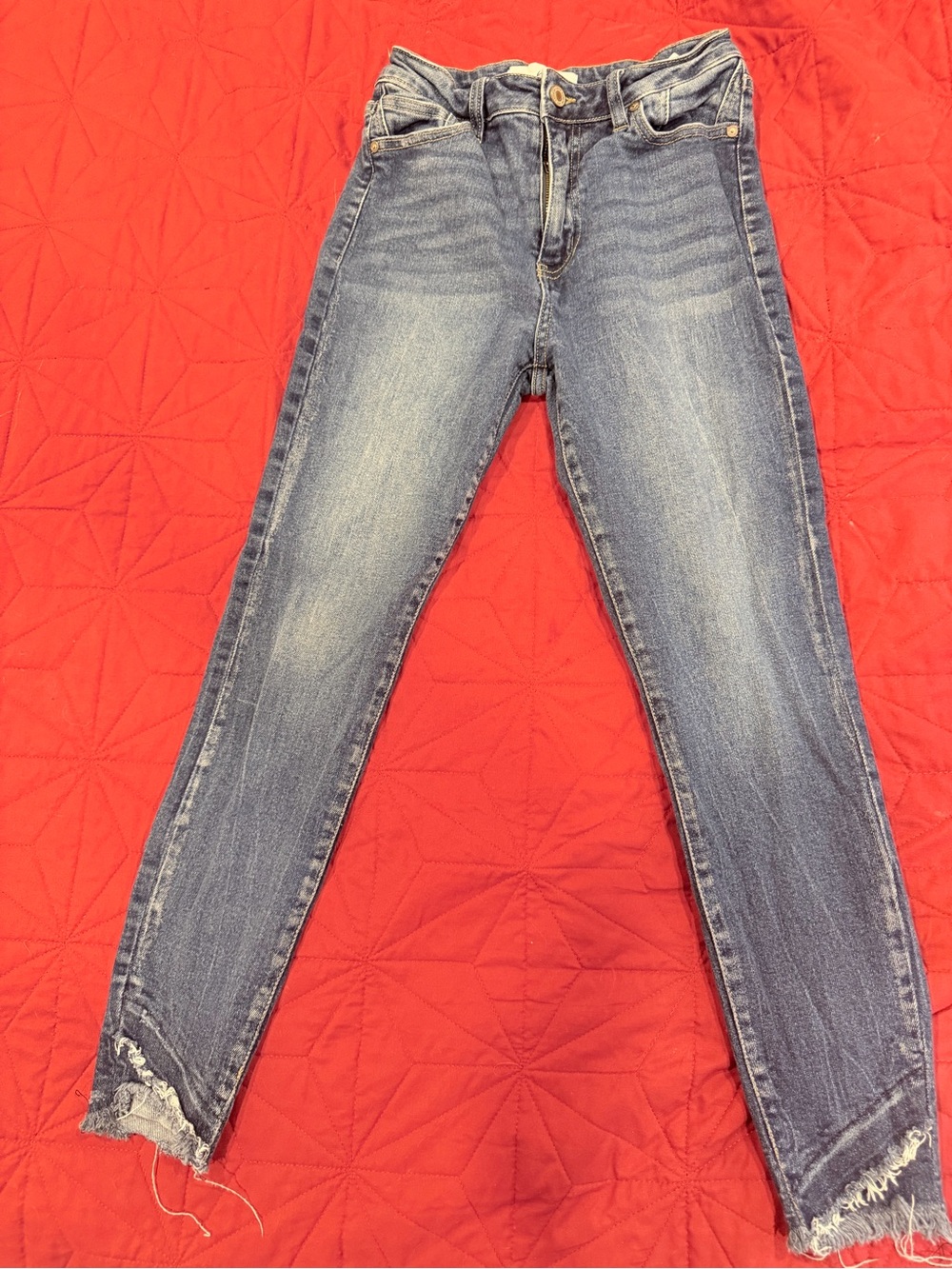 KanCan Women's Medium Blue Skinny Jeans with Frayed Hem